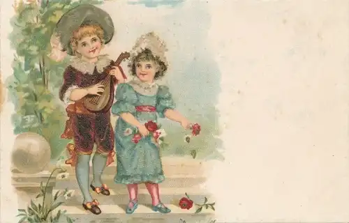 Litho Kinder, Junge spielt Mandoline, Rosen