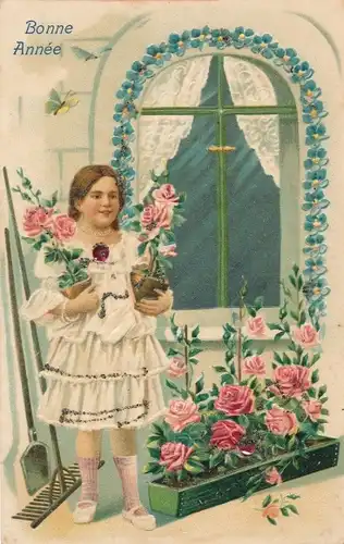 Präge Ak Glückwunsch Neujahr, Mädchen mit Blumen, Rosen, Vergissmeinnicht, Pflanzenpflege