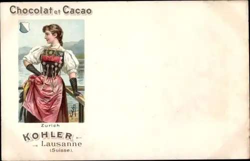 Künstler Litho Chocolat et Cacao, Kohler Lausanne, Frau in Tracht, Zürich