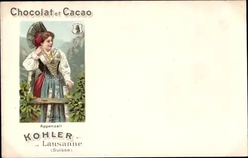 Künstler Litho Chocolat et Cacao, Kohler Lausanne, Frau in Tracht, Appenzell