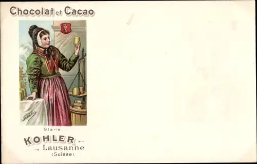 Künstler Litho Chocolat et Cacao, Kohler Lausanne, Frau in Tracht, Glaris