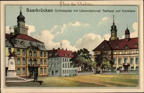 Ak Saarbrücken im Saarland, Schlossplatz mit Ulanendenkmal, Rathaus und Kreishaus