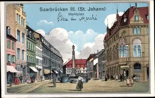 Künstler Ak Saarbrücken im Saarland, Partie am Marktplatz, Brunnen