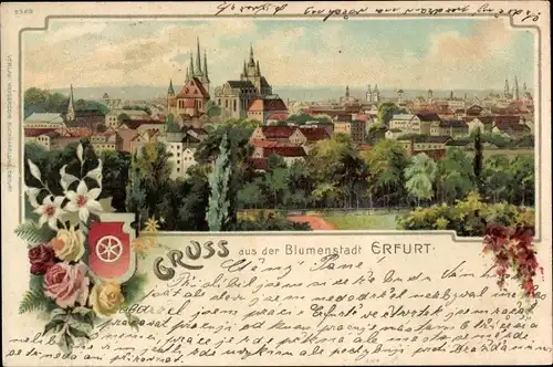 Litho Erfurt in Thüringen, Blick auf den Ort, Wappen, Rosen