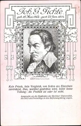 Ak Johann Gottlieb Fichte, Philosoph, Ansprache an die Studenten der Berliner Universität 1813