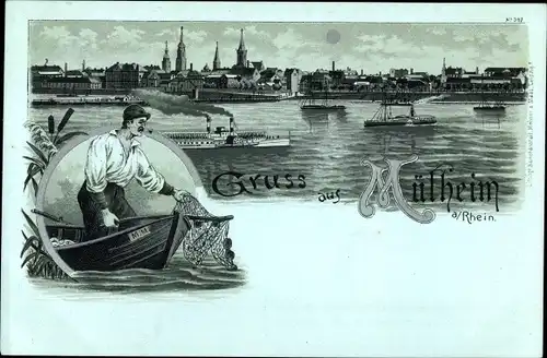 Mondschein Litho Mülheim Köln am Rhein, Fischer, Stadtansicht, Dampfer