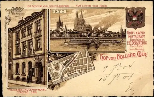 Stadtplan Wappen Litho Köln am Rhein, Hotel Hof von Holland, Hofergasse 11