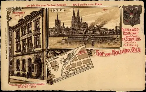 Stadtplan Wappen Litho Köln am Rhein, Hotel Hof von Holland, Hofergasse 11