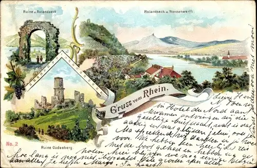 Litho Bad Godesberg Bonn am Rhein, Ruine, Remagen, Rolandseck, Nonnenwerth