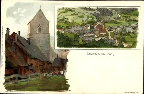 Künstler Litho Mutter, K., Schönau Bad Münstereifel in Nordrhein Westfalen, Kirche, Ortsansicht