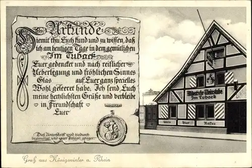 Ak Königswinter am Rhein, Urkunde, Altdeutsche Weinstube Im Tuback