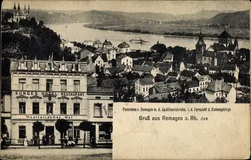 Ak Remagen am Rhein, Hotel Restaurant Westfälischer Hof, Apollinariskirche, Blick auf den Ort