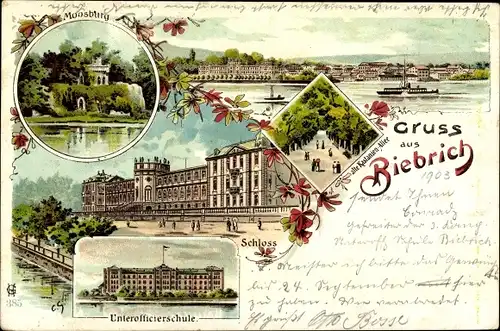 Künstler Litho Biebrich am Rhein Wiesbaden, Unteroffizierschule, Moosburg, Schloss, Kastanienallee