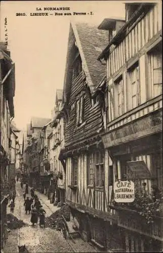 Ak Lisieux Calvados, Rue aux Fevres, Cafe Restaurant L. Baudemont