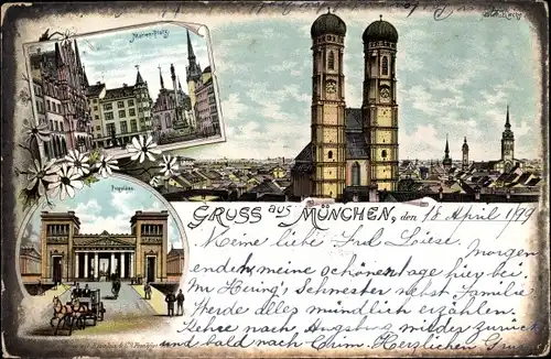 Litho München Bayern, Marienplatz, Frauenkirche, Propyläen, Pferdekutsche