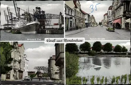 Ak Nordenham in Oldenburg, Midgard Pier, Bahnhofstraße, Hafenstraße, Gateteich