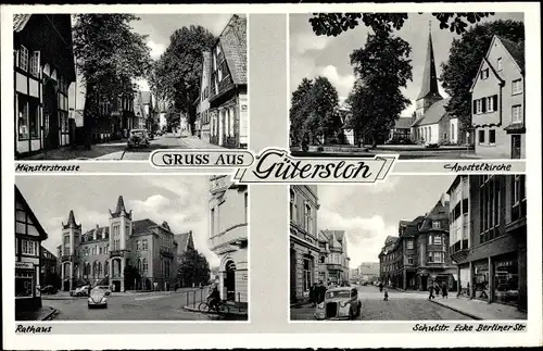 Ak Gütersloh in Westfalen, Apostelkirche, Rathaus, Strassenansicht