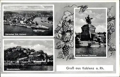 Ak Ehrenbreitstein Koblenz am Rhein, Deutsches Eck, Kaiser-Wilhelm-Denkmal