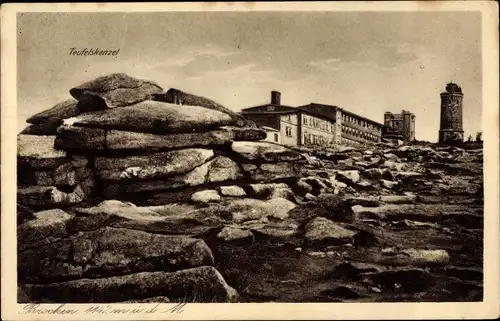 Ak Brocken Nationalpark Harz, am Gipfel, Aussichtsturm, Hotel, Teufelskanzel