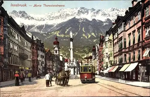 Ak Innsbruck Tirol Österreich, Maria Theresienstraße, Straßenbahn, Gebirge