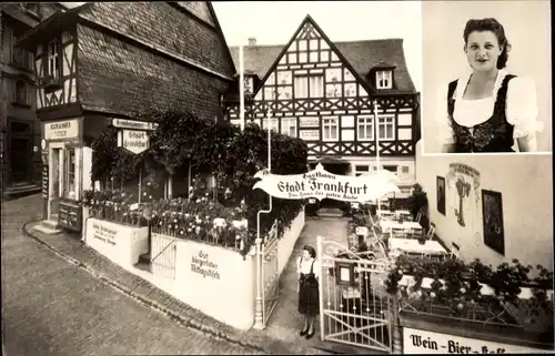 Ak Rüdesheim am Rhein Hessen, Gasthaus Zur Stadt Frankfurt, Marktstraße 30, Kellnerin