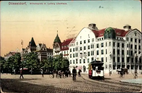 Ak Düsseldorf am Rhein, Wilhelmplatz, Ludwig Löwehaus, Straßenbahn