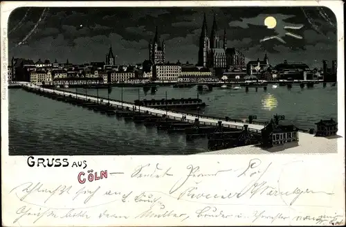 Mondschein Litho Köln am Rhein, Schiffsbrücke, Blick zur Altstadt, Dom