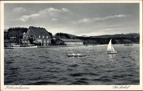 Ak Möhnesee in Westfalen, Möhnetalsperre, Der Seehof, Segelboot, Passagierschiff