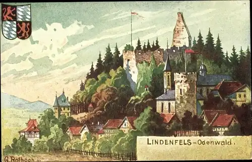 Künstler Ak Rothgeb., G., Lindenfels im Odenwald, Blick zur Ruine, Wappen