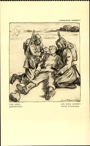 Künstler Ak Raemaerkers, L., The good samaritans, Französische Kolonialsoldaten versorgen Deutschen