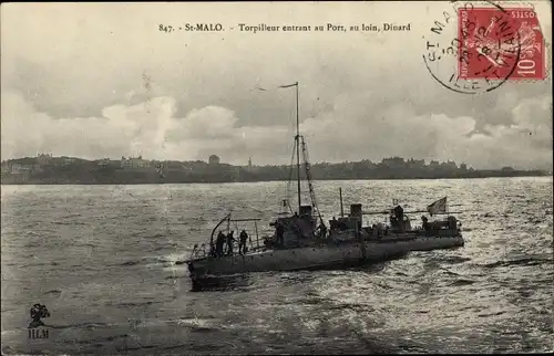 Ak Saint Malo Ille et Vilaine Bretagne, Torpilleur entrant au Port, Französisches Kriegsschiff