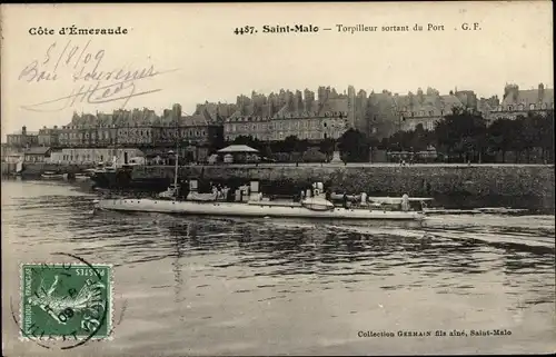 Ak Saint Malo Ille et Vilaine Bretagne, Torpilleur sortant du Port
