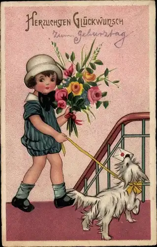 Ak Glückwunsch Geburtstag, Mädchen mit Blumenstrauß, Hund