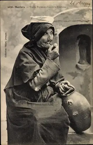 Ak Morlaix, Vieille Porteuse d'eau a la Fontaine, Frau in französischer Tracht mit Pfeife