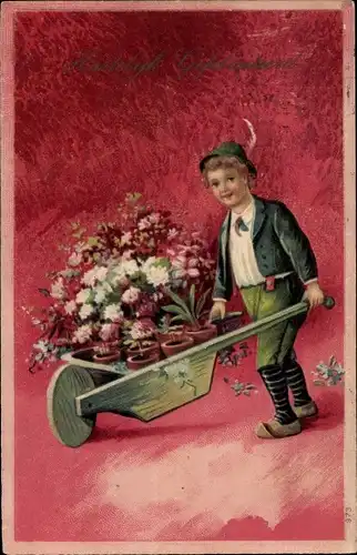 Präge Ak Glückwunsch, Junge mit Schubkarre voller Blumen