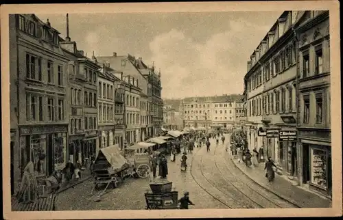 Ak Saarbrücken, Markttag, Blick die Marktstraße hinunter, Straßenbahnschienen