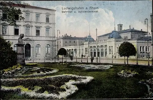 Ak Ludwigshafen am Rhein, Bahnhof und Schillerdenkmal