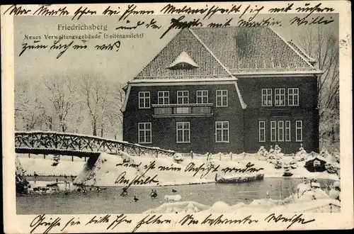 Ak Friedrichsberg Schleswig an der Schlei, Neues Verwaltungsgebäude, Schleibrücke, Winter