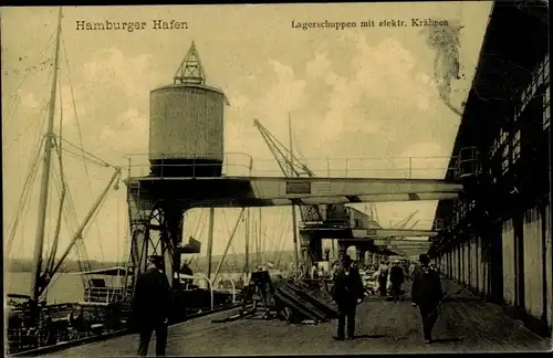 Ak Hamburg Mitte, Lagerschuppen mit elektr. Kränen, Hafen