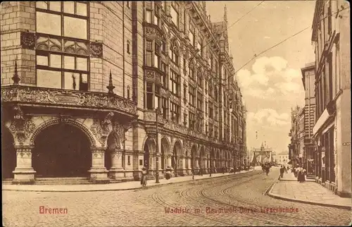 Ak Hansestadt Bremen, Wachtstraße mit Baumwall-Börse, Weserbrücke