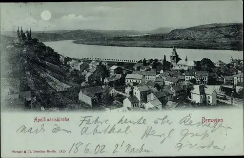 Mondschein Ak Remagen am Rhein, Apollinariskirche, Stadt bei Nacht