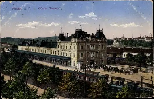 Ak Plauen im Vogtland, Oberer Bahnhof, Kutschen, Dampflok, Waggons