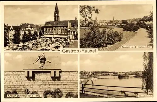 Ak Castrop Rauxel, Marktplatz, Gondelteich, Kriegerehrenmal