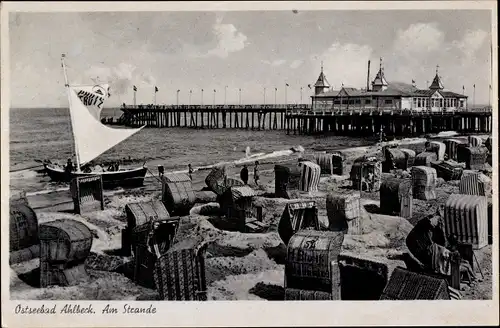 Ak Seebad Ahlbeck Usedom, Strandleben, Strandkörbe, Seebrücke