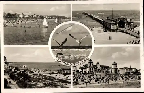 Ak Seebad Binz auf Rügen, Strandpromenade, Seebrücke, Möwen, See