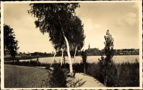 Ak Lippehne Lipiany Ostbrandenburg, Uferpartie am See, Blick zur Kirche