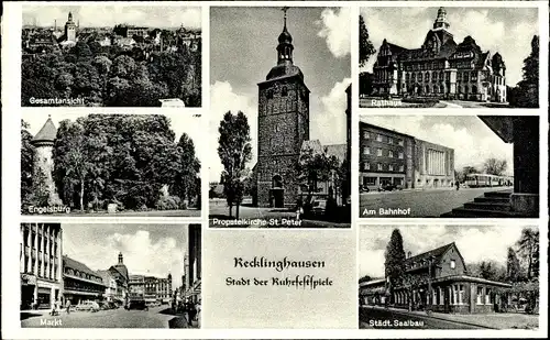 Ak Recklinghausen im Ruhrgebiet, Gesamtansicht, Rathaus, Bahnhof, Saalbau, Engelsburg, St. Peter