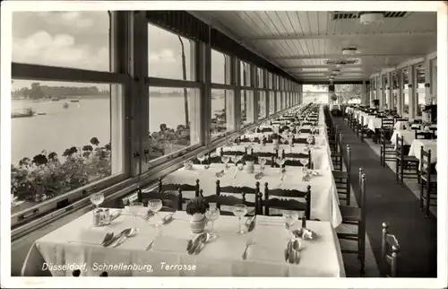 Ak Düsseldorf am Rhein, Rheinrestaurant Schnellenburg, Speisesaal, Terrasse