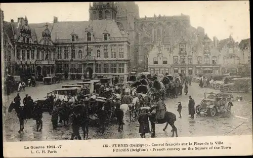 Ak Furnes Veurne Westflandern, Convoi francais sur la Place de la Ville, I WK