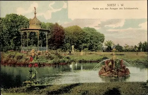 Ak Soest in Westfalen, Partie aus den Anlagen des Schützenhofs, Teich, Springbrunnen, Pavillon